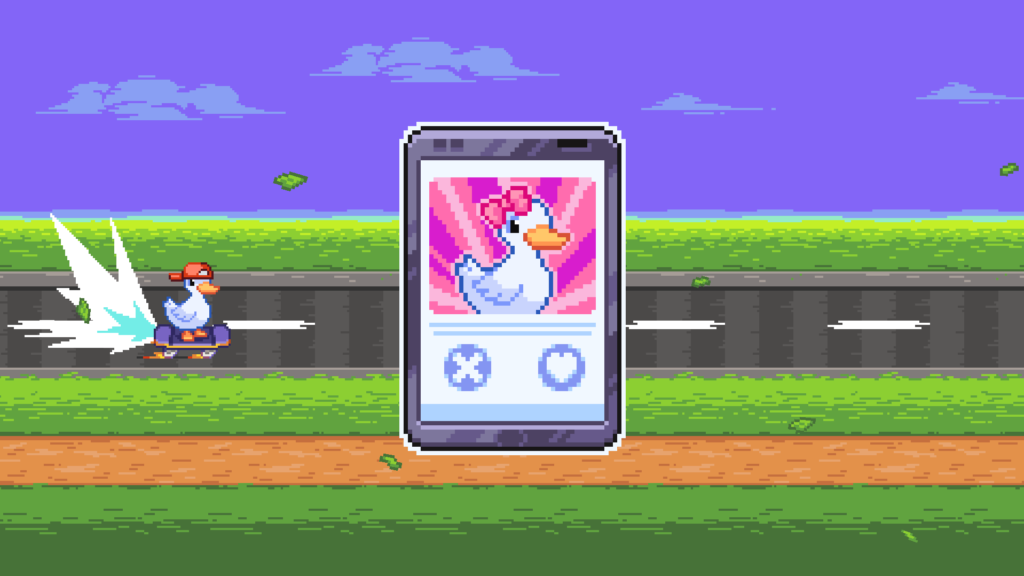 "Duck Life" GameJam game: Smartphone with duck on dating app, teenager duck on skateboard in background.