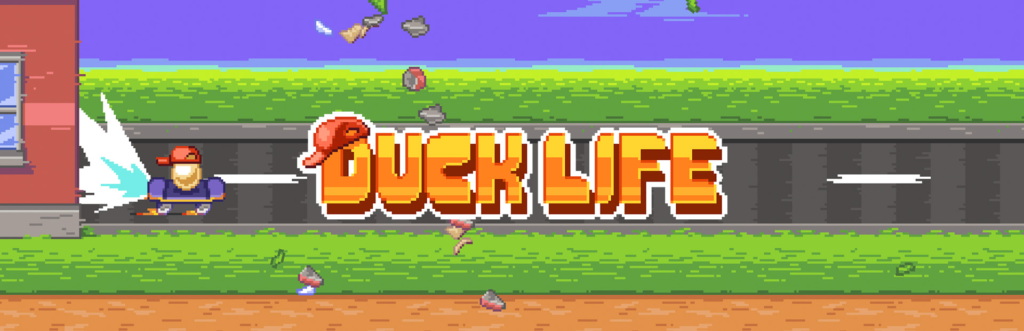 "Ducklife" GameJam Logo: Egg on skateboard bursts out of house, shattered glass and grass particles fly.