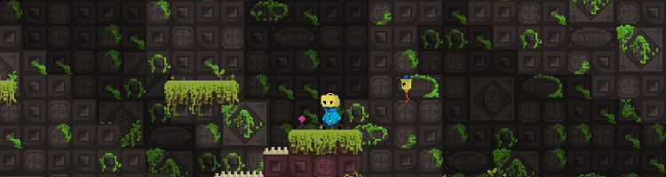 Screenshot from the game Enba showing a pixelated world of brownish-red blocks covered with grass and vines. The player, wearing a golden bell helmet and blue robe, stands on a podium, with a small flying bell with a red string floating nearby.