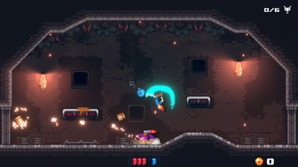 Screenshot from Footgun Underground showing the red-haired player performing a bicycle kick to shoot a spiky bomb ball, with an orange turtle featuring a purple shell and turbo boost speeding through the level below. The level has a dark atmosphere with lava lamps, dust in the air, and rotating gears on the ceiling.