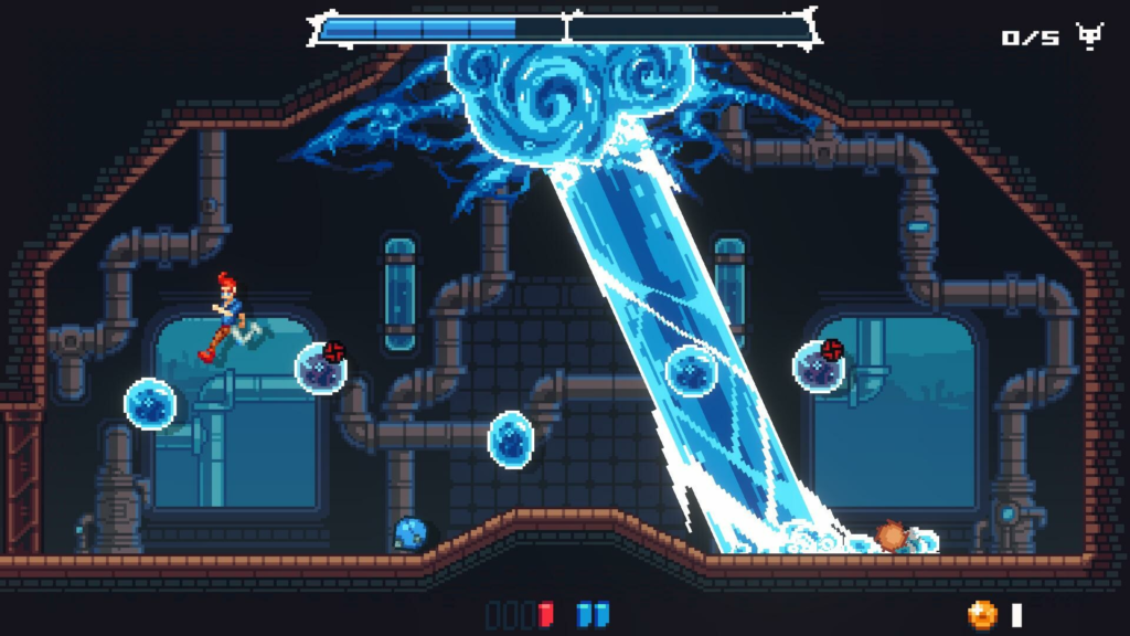 Screenshot from Footgun Underground showing the red-haired protagonist hopping over blue slimes while a giant boss slime fires a monstrous water jet in an underwater-themed room with pipes in the background.