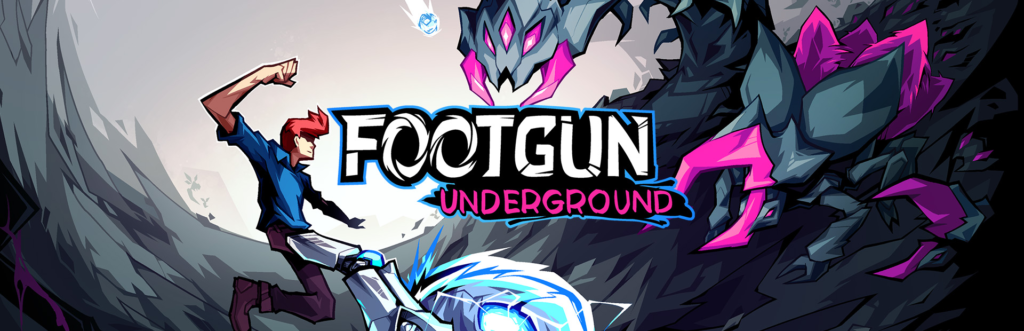 Hero image from Footgun Underground showing the red-haired protagonist kicking a ball infused with blue energy and fire toward a giant snake using his mechanical foot.