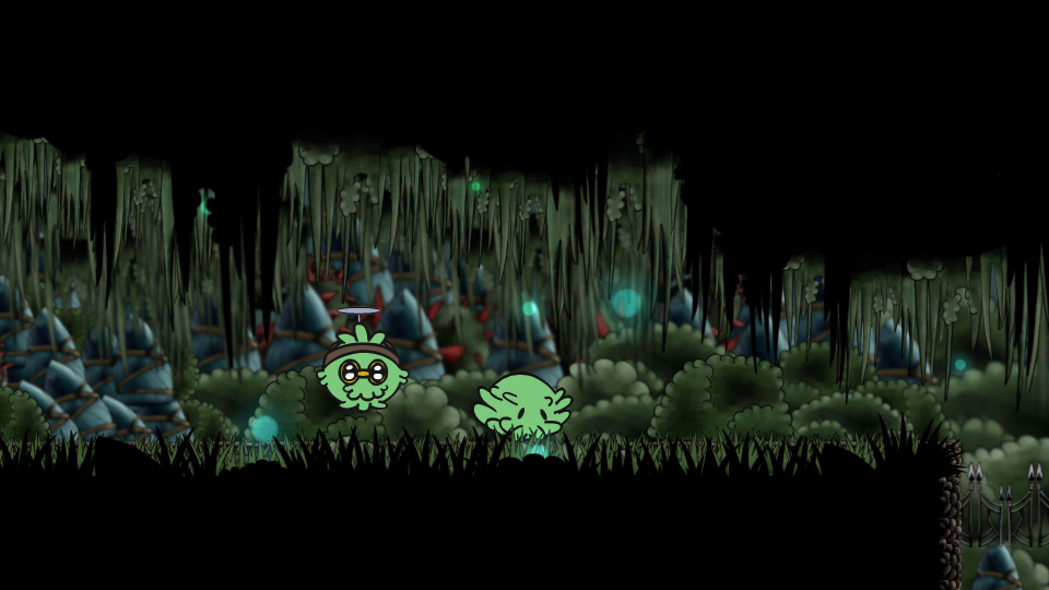 Screenshot from the game Igbo showing a cave with vines and grasses, featuring a bush wearing glasses and a propeller on its back, while the protagonist bush lands from a jump nearby.