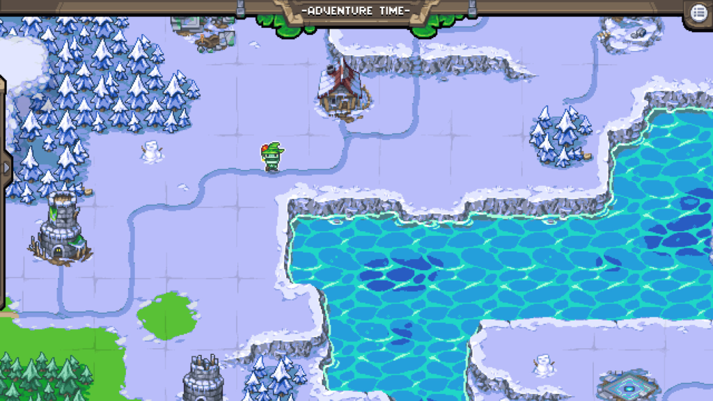 Screenshot from KinPath showing a winter landscape with snow, where a frog wearing a green wizard hat exits his house and walks along a narrow path toward a snowman.