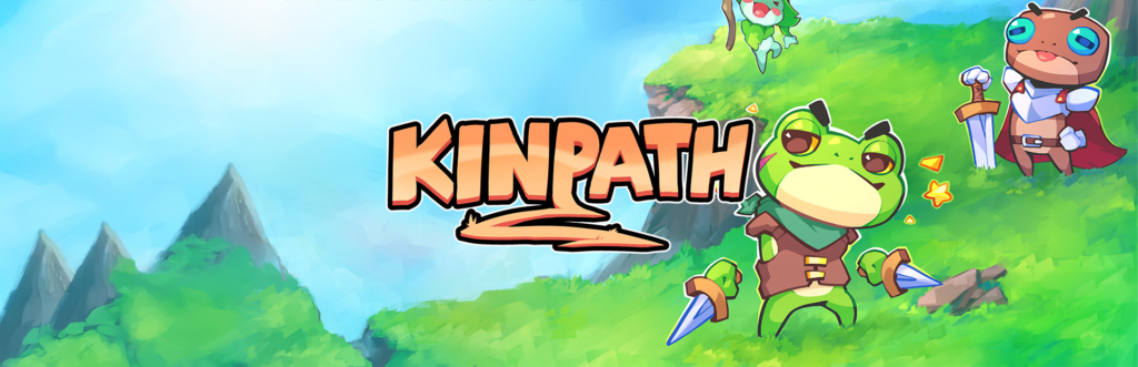 Artwork from the game KinPath featuring a mischievous green thief frog at the center, holding two daggers with a charming smile, surrounded by sparkling stars. In the background, a brown spotted frog in warrior armor with blue eyes grips a sword planted in the ground. The scene is set on a grassy hill or mountain with rocks.