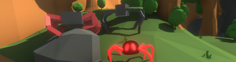 Procedurally animated spiders posing for the camera in a low-poly desert landscape.