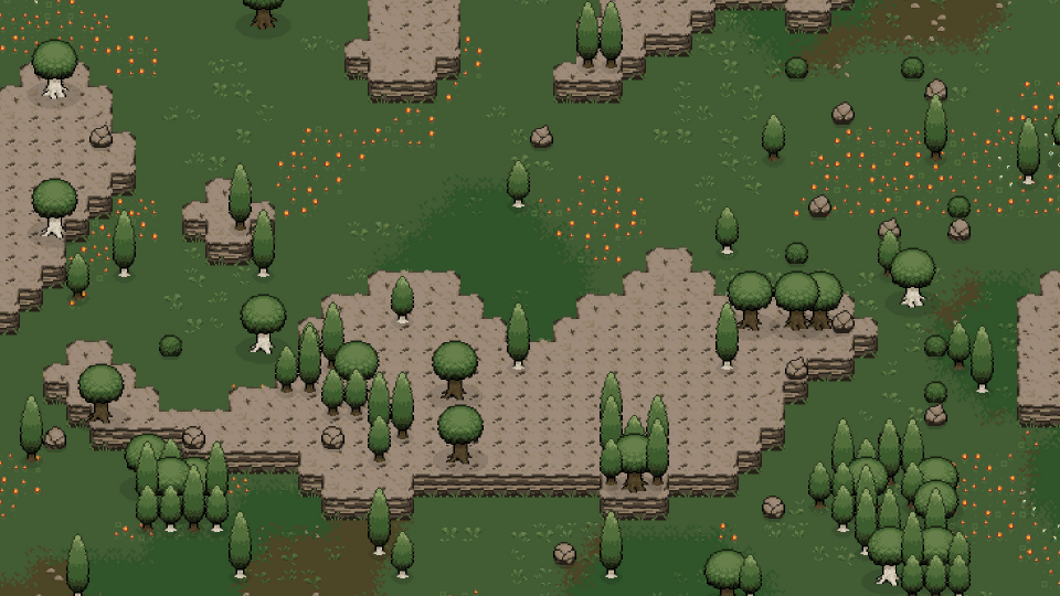 Procedurally generated pixel terrain featuring various ground layers, rock walls, and trees. The ground is adorned with flowers, patterns, grasses, scattered stones, and bushes.