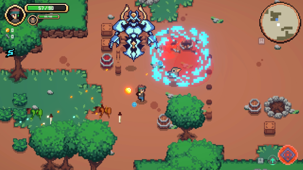 Screenshot from Raykin showing the player being chased by a large blue flying guardian, with dead goblins on the ground and a blue explosion near a bird.