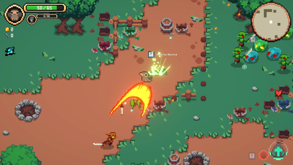 Screenshot from Raykin showing a player attempting to revive a teammate while being attacked by a goblin. On the right, a horde of monsters charges toward the player.