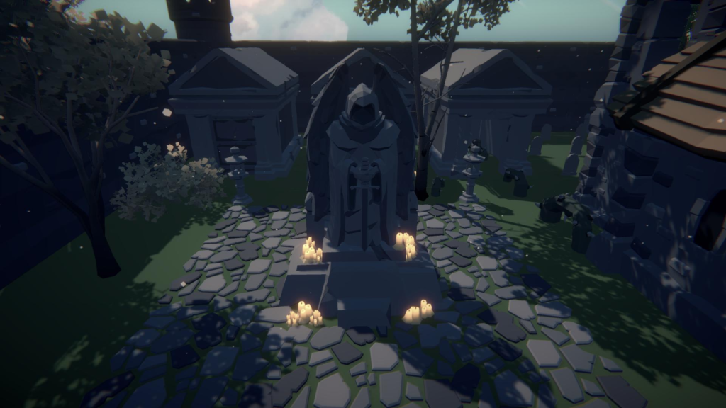 Screenshot from STORM RUSH showing a cemetery with a large mysterious angel statue holding a sword pointed downward, surrounded by candles, and stone houses visible in the background.