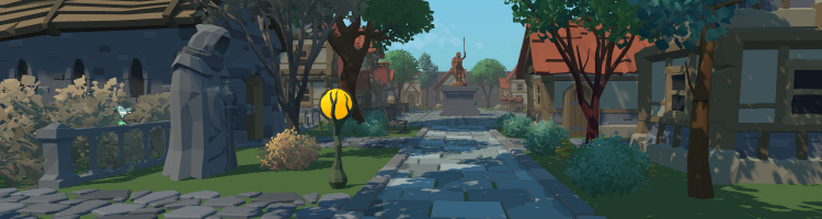 Cover art from STORM RUSH featuring a cobblestone path leading to a market square with a bronze statue. On the left, a mysterious statue and a church are visible, while residential houses and trees are on the right.